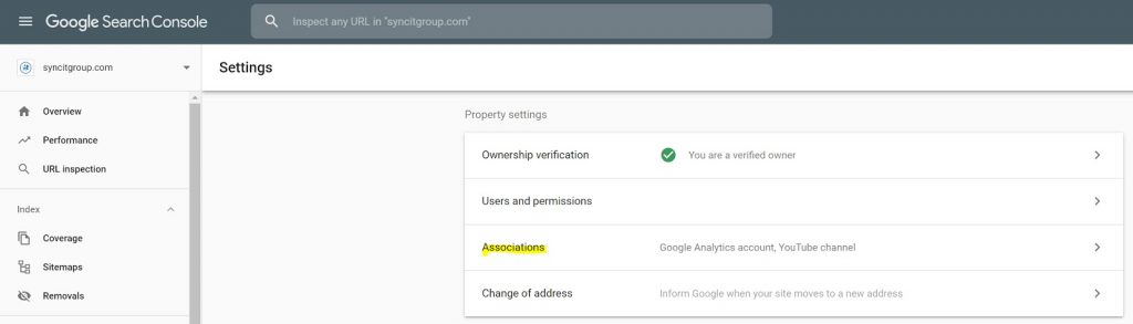 Screenshot, Google Search Console, Settings, Associations  page