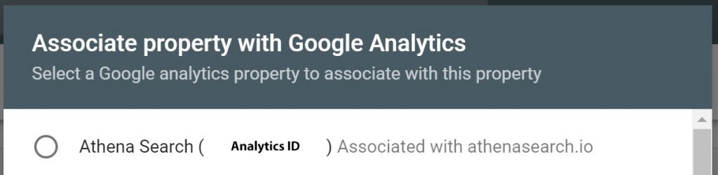 Screenshot, Associate property with Google Analytics page