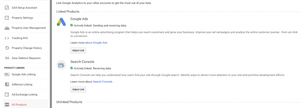 Screenshot, Google Analytics admin dashboard, Admin, Property, All products page